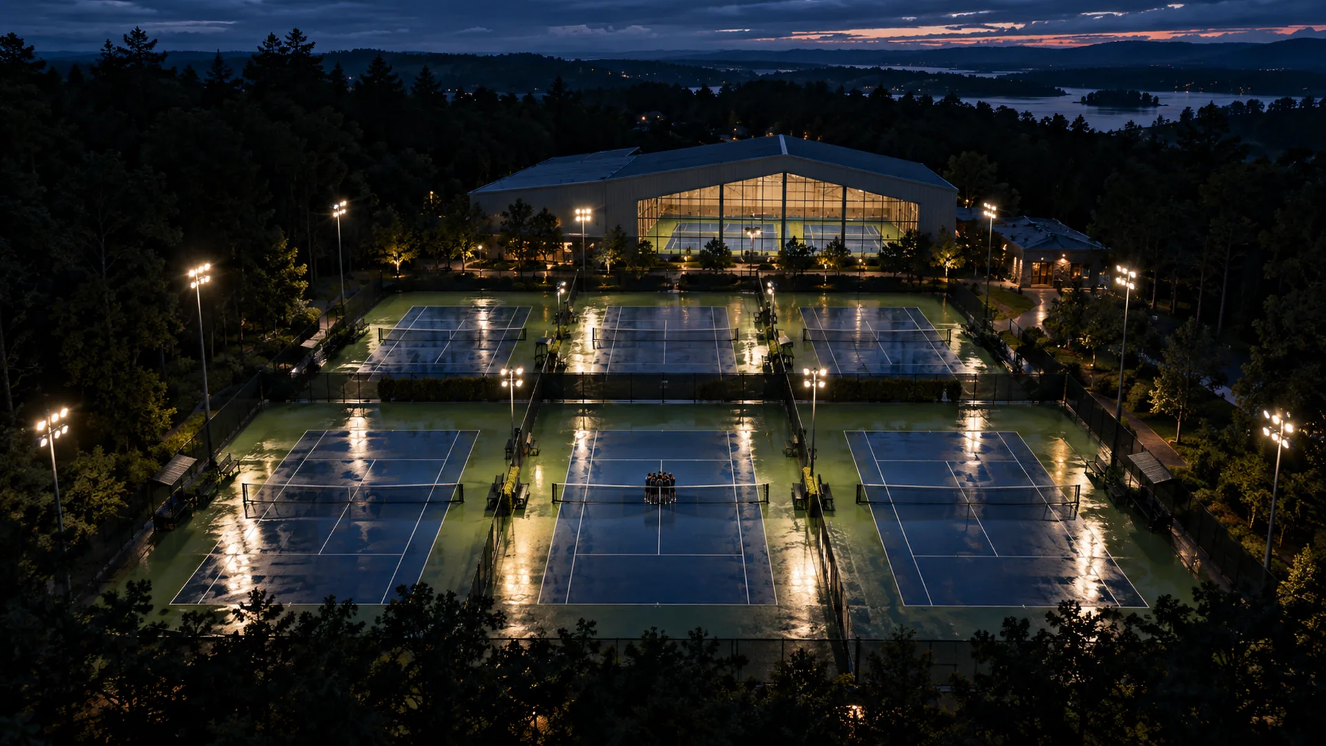 Aerial view of a tennis academy at dusk