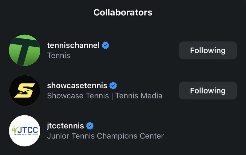 Instagram collaborators panel listing Tennis Channel, Showcase Tennis and JTCC