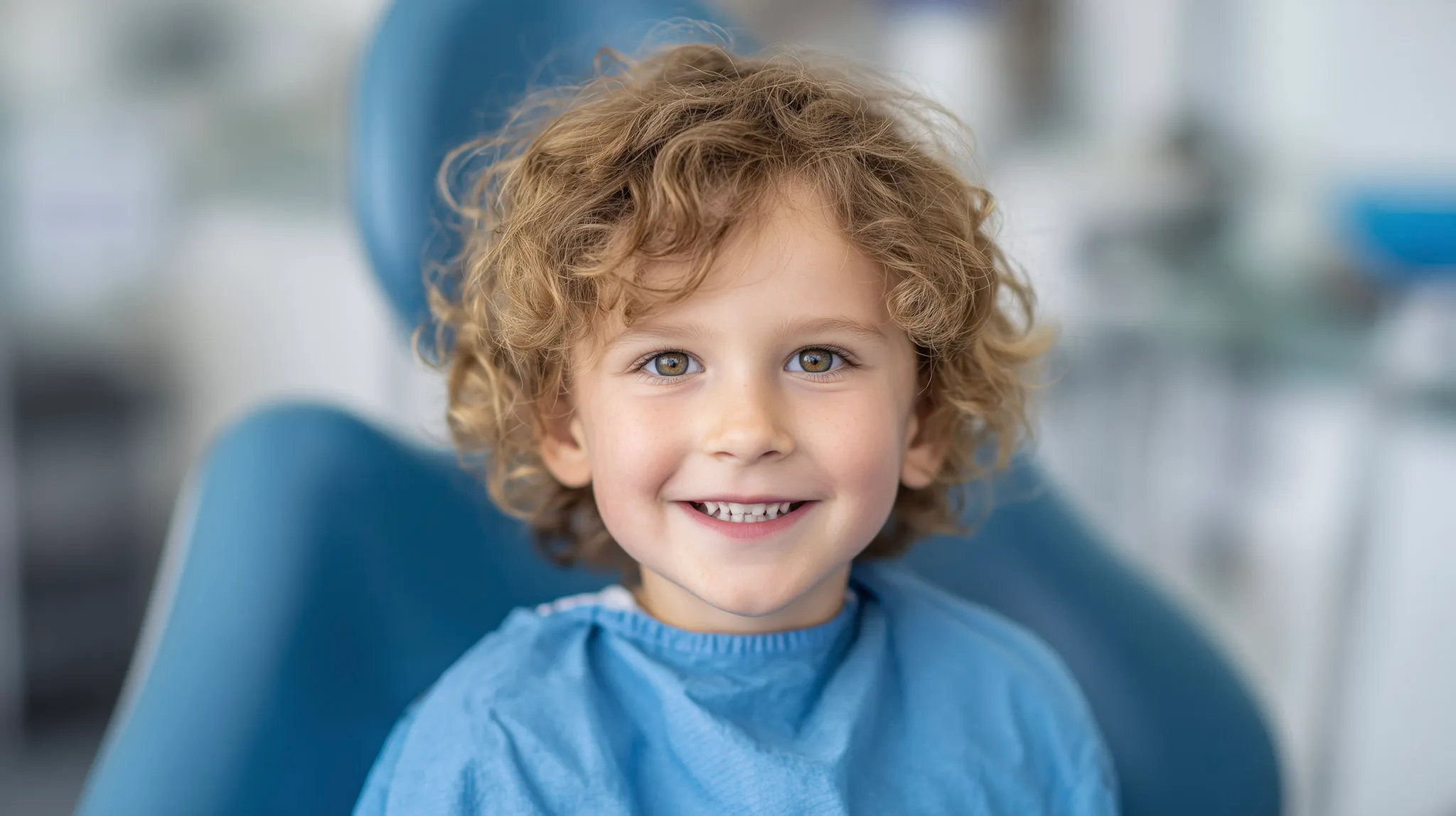 Smiling child in the orthodontic chair during an early orthodontic evaluation