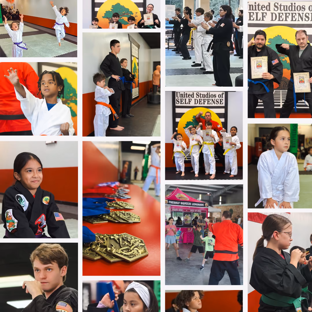 A collage of adult and teen self defense and karate students at USSD Magnolia