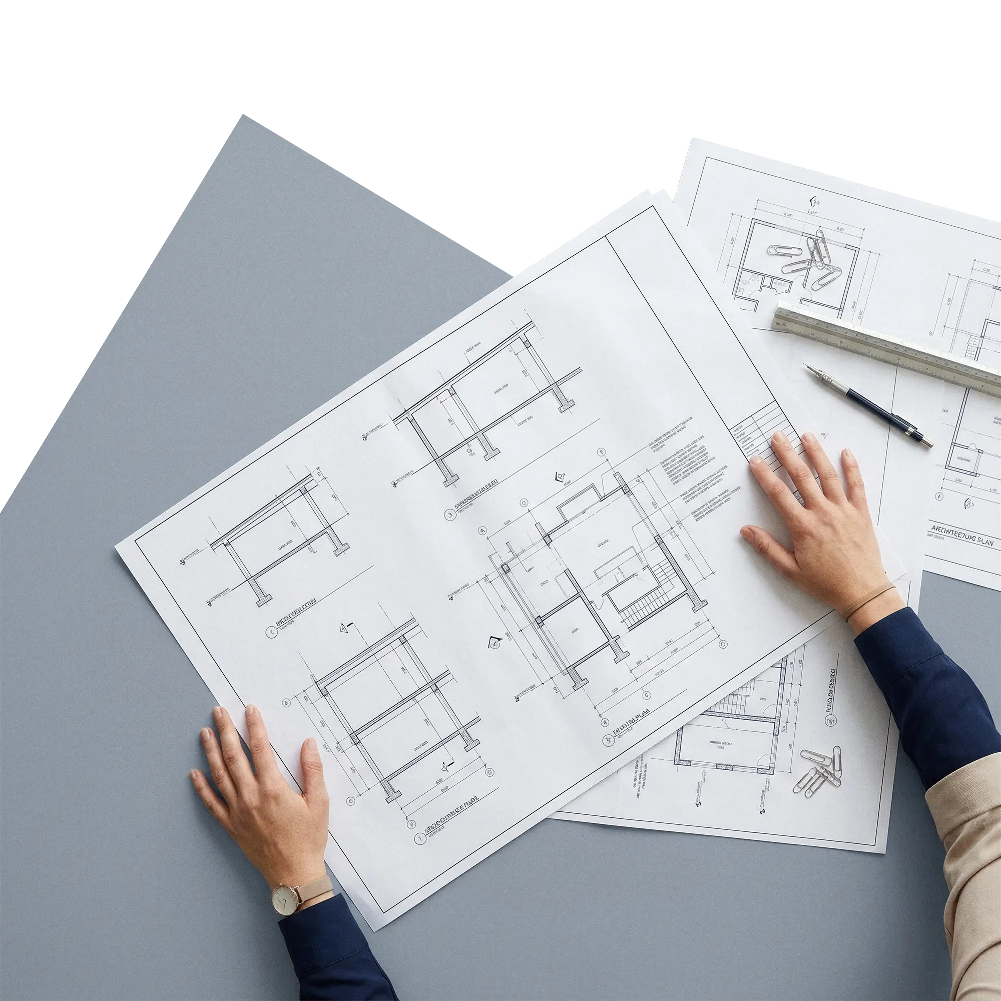 Architect's hands holding and reviewing building blueprints with technical drawings on a grey table, next to a pen, ruler, and paper clips.