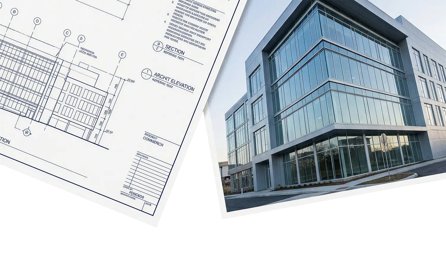 Modern glass office building alongside an architectural blueprint of the building design.