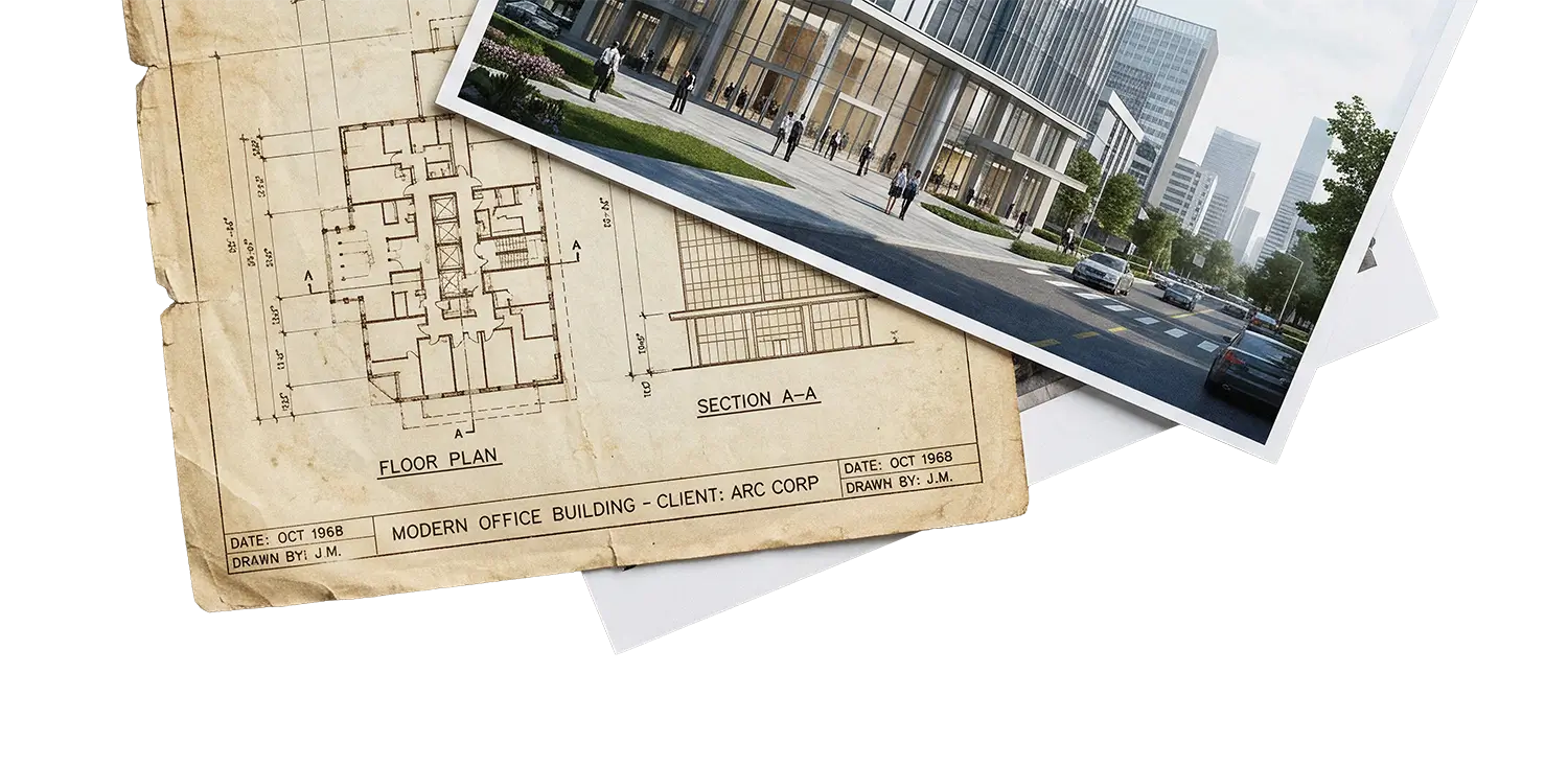 Architectural floor plan and section drawing labeled 'Modern Office Building' dated October 1968, partially covered by a photo of a modern city street with pedestrians and buildings.