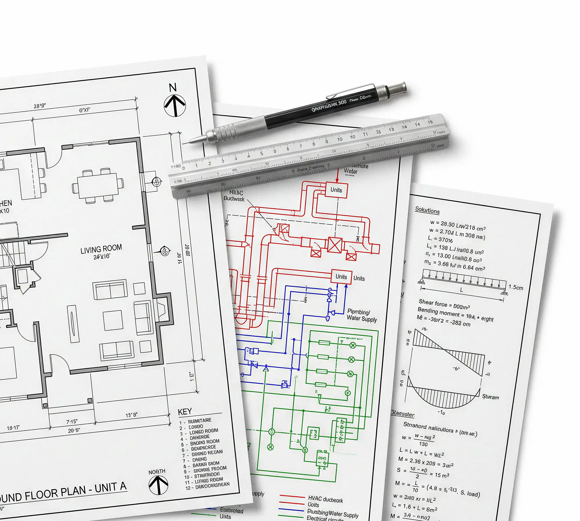 Pen and metal ruler resting on architectural and engineering blueprints with floor plan and technical diagrams.