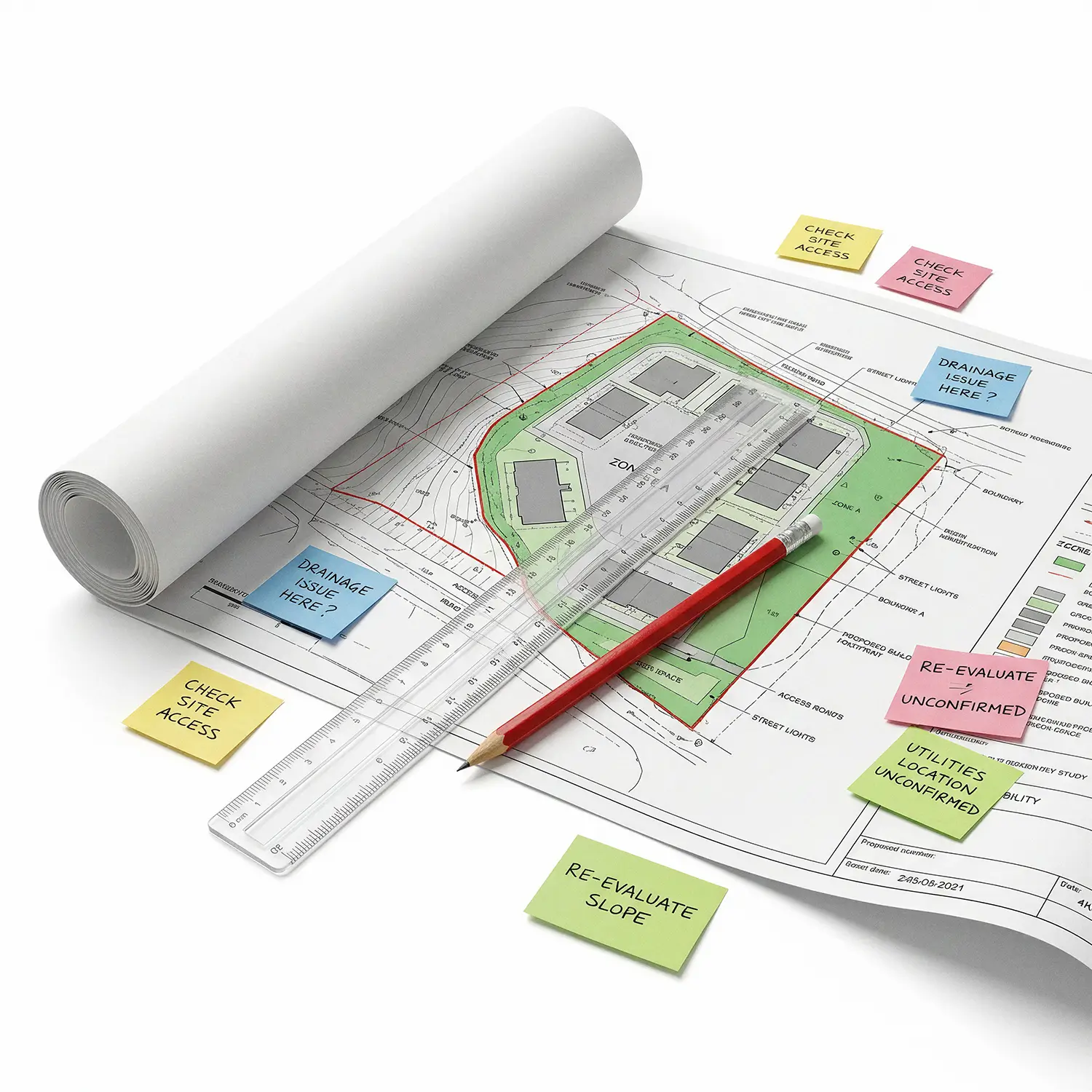 Rolled architectural blueprint with site plan marked in green and red, a clear ruler and red pencil on top, surrounded by sticky notes with site evaluation notes.