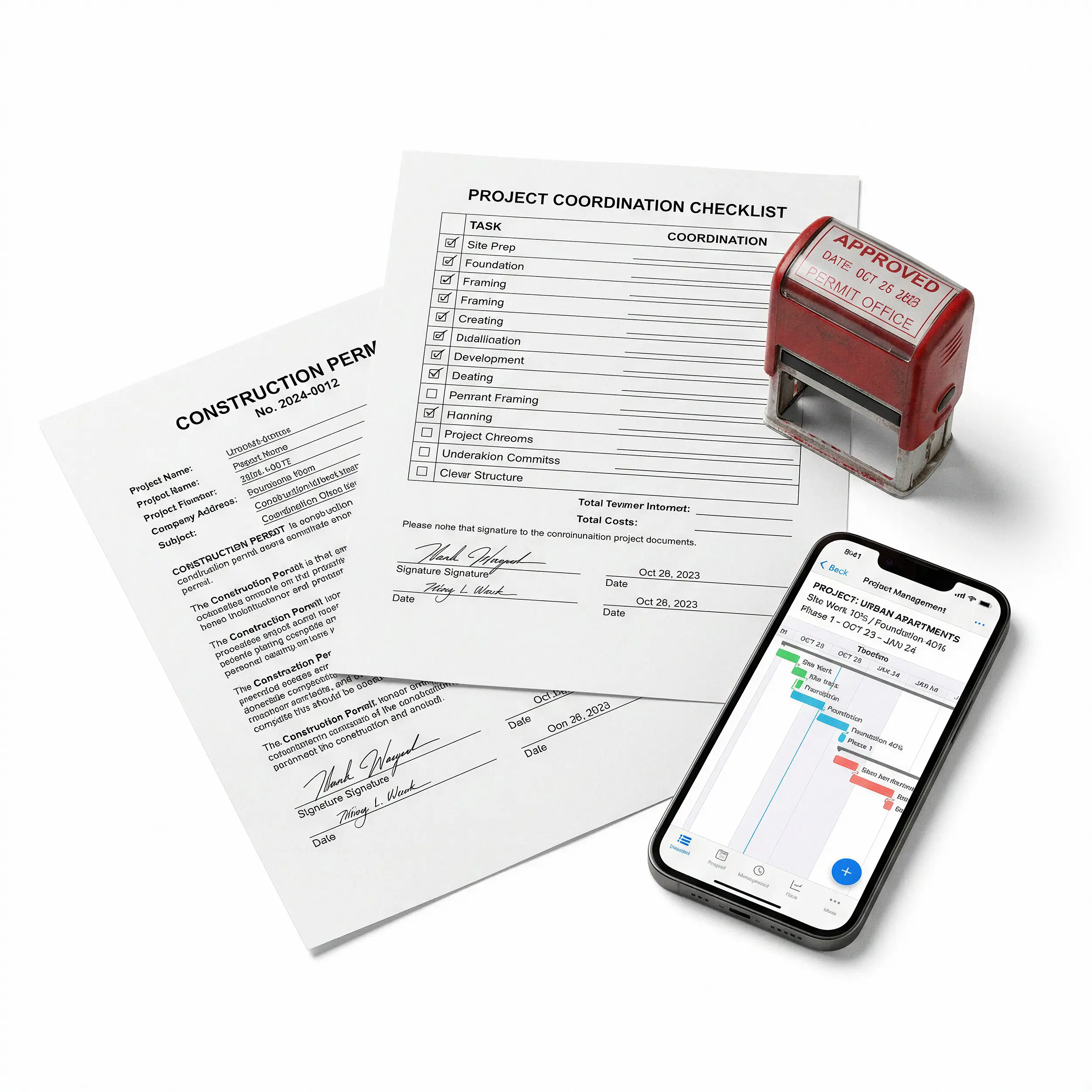 Construction documents and project coordination checklist next to an approved permit stamp and a smartphone displaying a construction project management timeline.