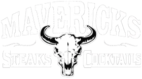 Logo with the text 'MAVERICKS' above a bull skull and the words 'STEAKS' and 'COCKTAILS' below.