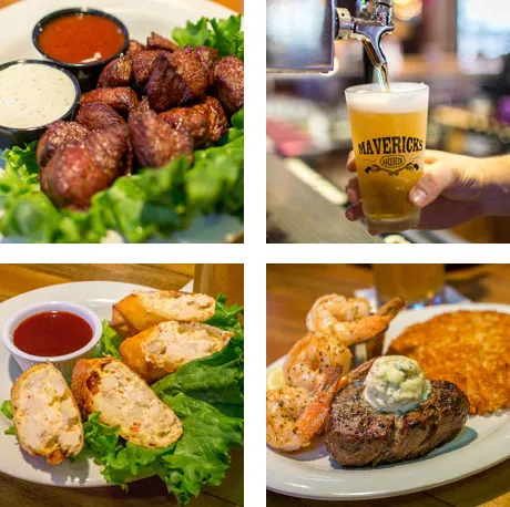 Collage of four images featuring a plate of fried meatballs with two dipping sauces, a hand holding a glass of beer being poured from a tap, a plate of crab or seafood stuffed egg rolls with dipping sauce, and a plate with a steak topped with herb butter, shrimp, and hash browns.