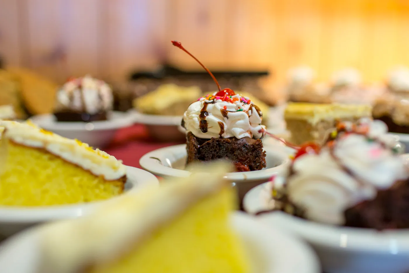 Close-up of various dessert slices including a chocolate cake square with whipped cream, sprinkles, chocolate drizzle, and a cherry on top.