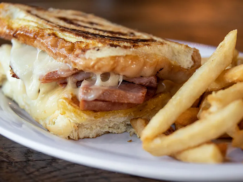 Grilled sandwich with melted cheese and ham served with French fries on a white plate.