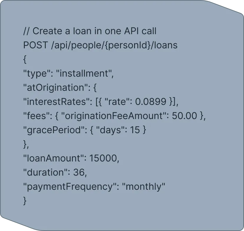 Code snippet for creating a loan with one API call including loan type, interest rate, fees, grace period, loan amount, duration, and payment frequency.