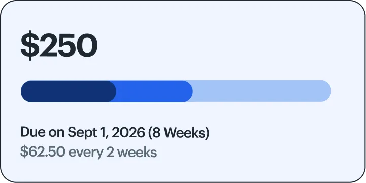Payment plan illustration showing a total of $250 due on September 1, 2026, over 8 weeks with $62.50 due every 2 weeks displayed with a progress bar.