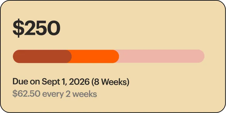 Payment plan illustration showing a total of $250 due on September 1, 2026, over 8 weeks with $62.50 due every 2 weeks displayed with a progress bar.
