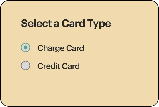 Selection panel showing radio buttons with Charge Card selected and Credit Card unselected.