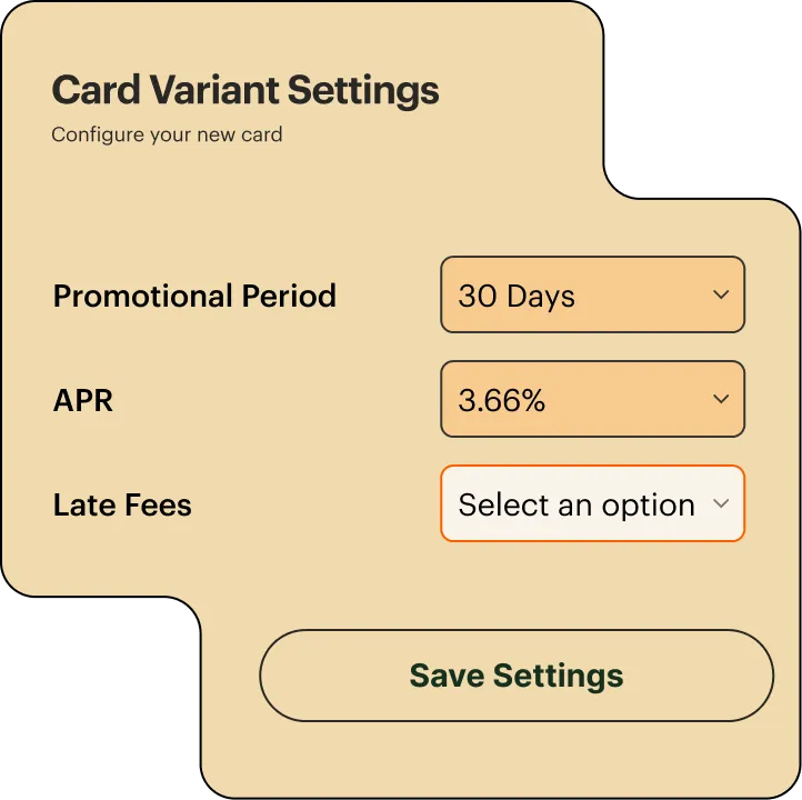 Card variant settings panel with options to configure promotional period as 30 days, APR as 3.66%, and late fees with a dropdown to select an option, plus a save settings button.