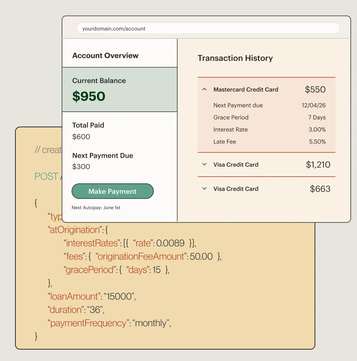 User account dashboard showing current balance of $950, total paid $600, next payment due $300, with transaction history including Mastercard credit card and two Visa credit cards.