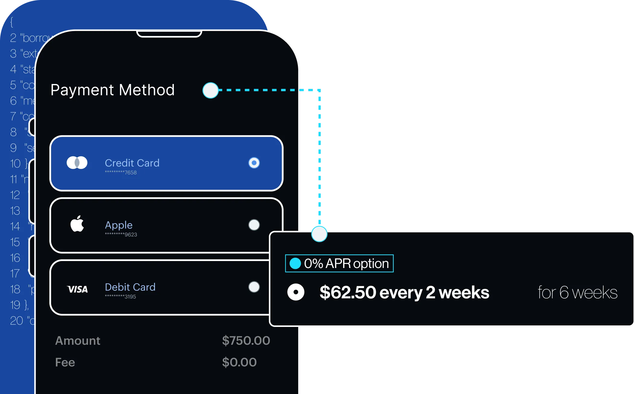 Mobile payment screen showing credit, Apple, and debit card options with 0% APR $62.50 biweekly for 6 weeks.