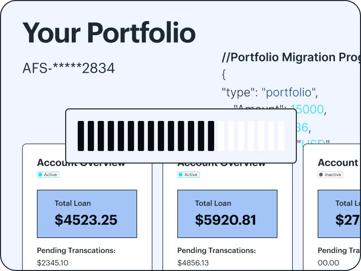Interface showing a portfolio with multiple active accounts and total loans.