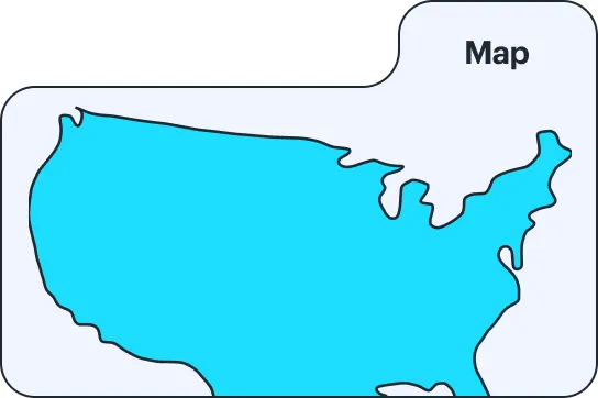 Simplified blue map outline of the contiguous United States with the label Map in the top right corner.