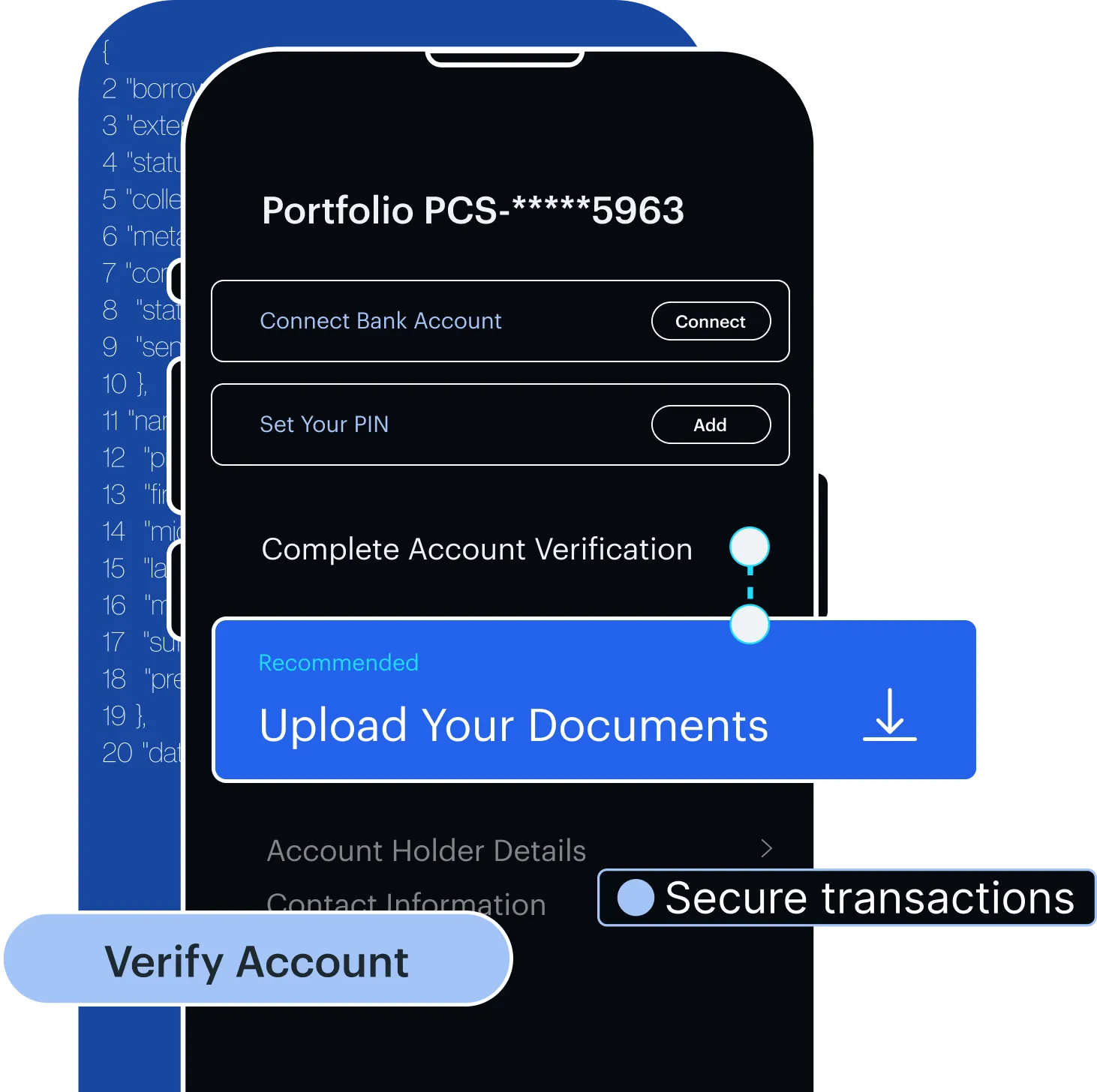 Mobile screen showing steps to verify bank account and upload documents with secure transaction note.