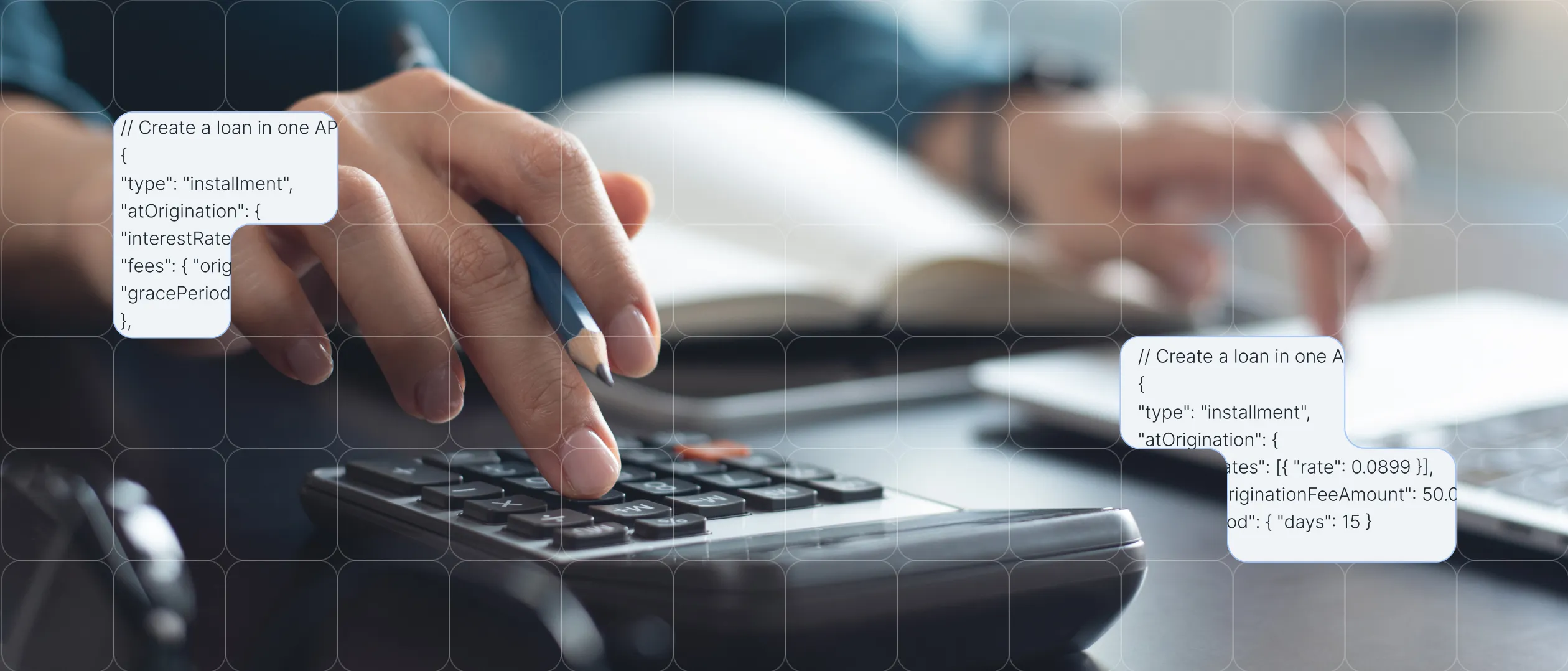 Person pressing calculator keys on desk with open laptop.
