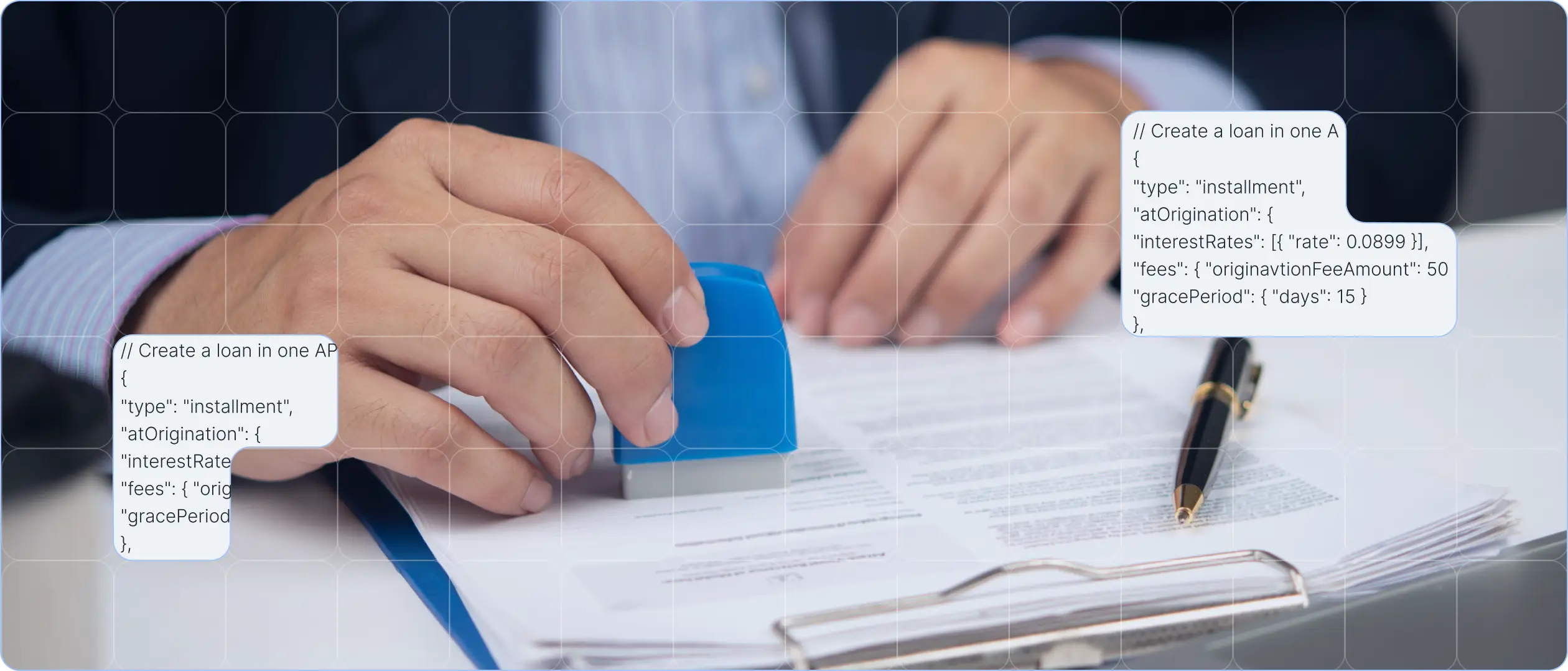 Hands stamping a document on a clipboard with a pen nearby and loan code overlays.
