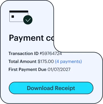 Receipt showing transaction ID, total, four payments, first due, and a download button.