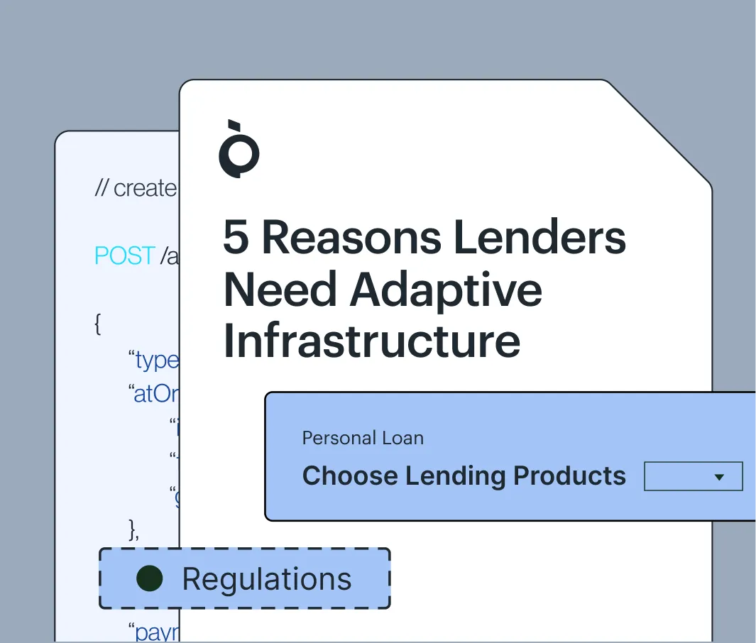 Document titled 5 Reasons Lenders Need Adaptive Infrastructure with lending product dropdown and regulations tag.