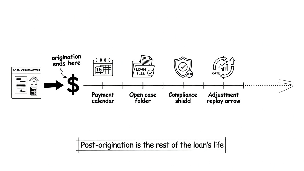 Black and white line drawing of a timeline showing origination ending at disbursement and the long post-origination servicing period ahead.