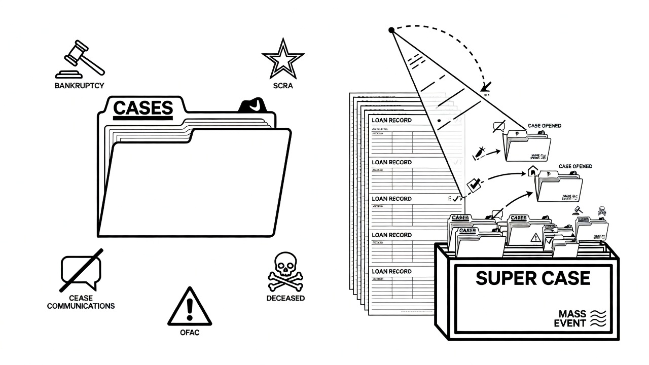 Black and white line drawing of a case management folder with icons for different case types and a radar scanner detecting issues across loan records, including a Super Case for mass events.