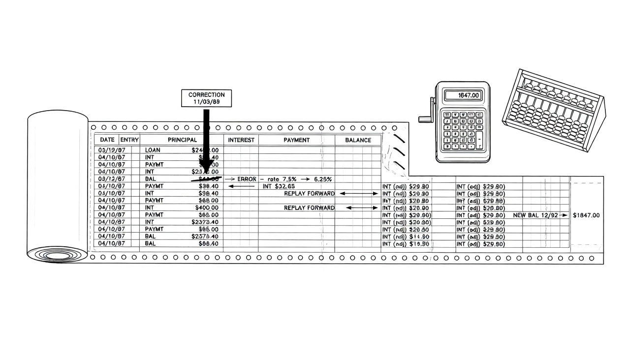 Black and white line drawing of a loan ledger or paper tape being corrected at a past date and replayed forward with recalculated values.