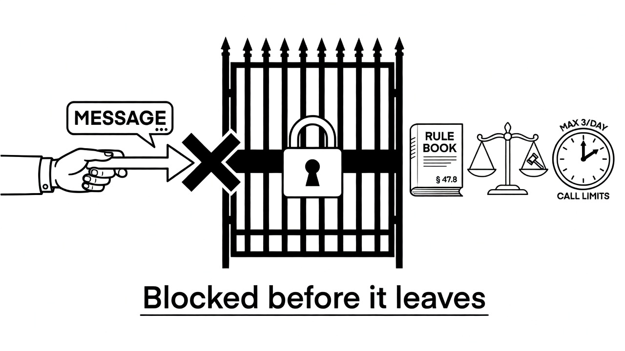 Black and white line drawing of a locked gate or barrier blocking an agent from sending a non-compliant message.