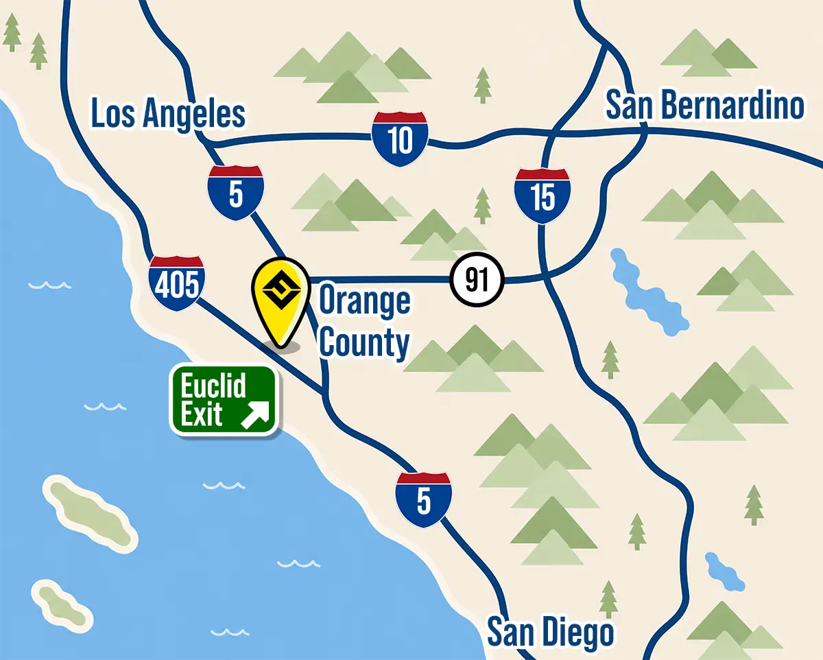 A map showing the location of FAM Vans in Southern California.