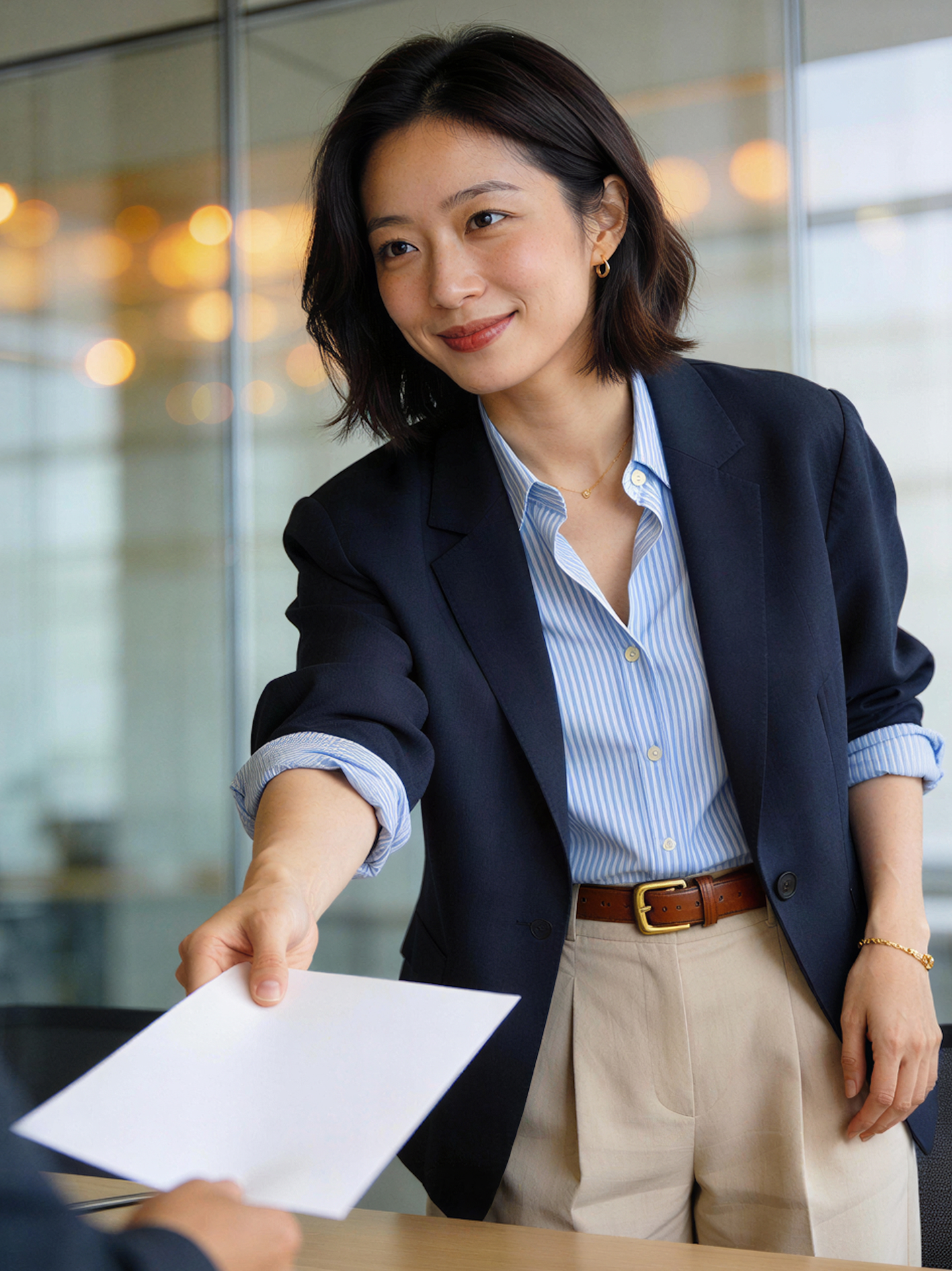 Smiling woman in business attire handing over a white sheet of paper in an office.