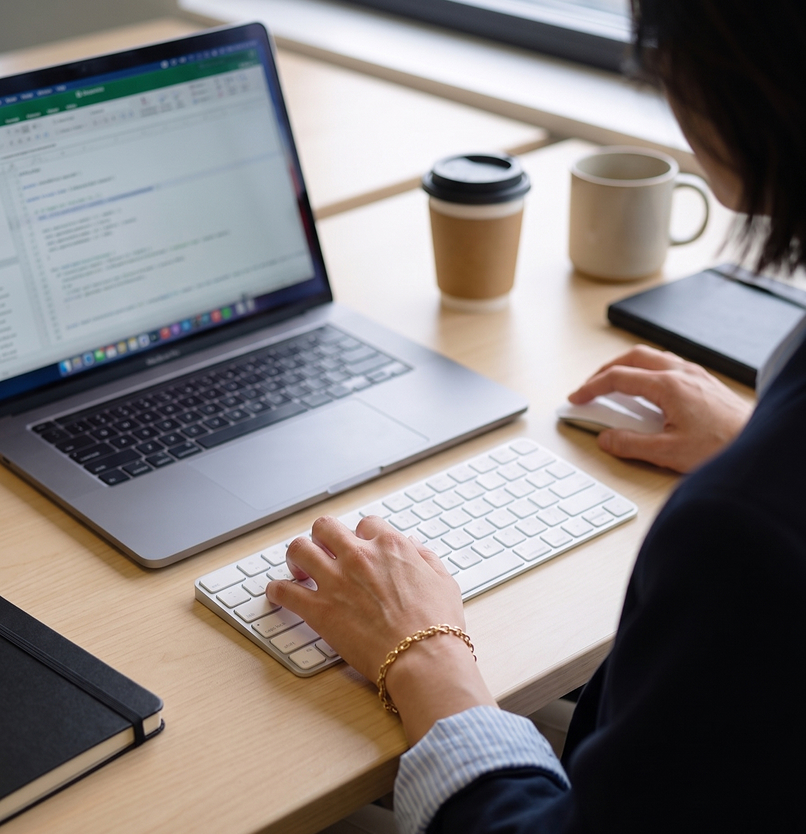 Person typing on a wireless keyboard connected to a laptop displaying a spreadsheet, with coffee cups and a notebook on the desk.