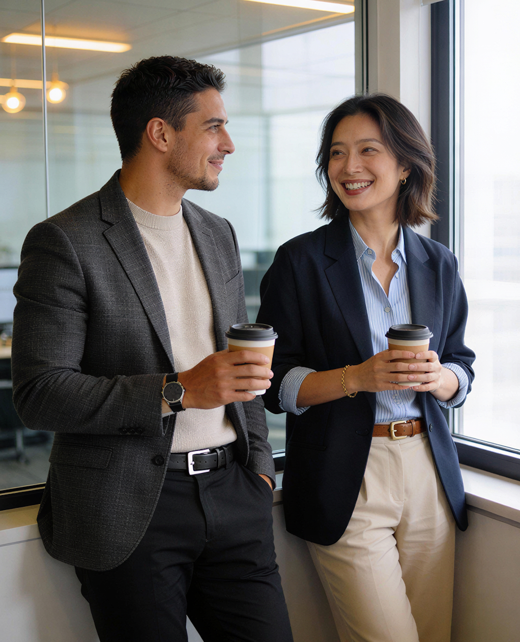 Two professionals in business attire smiling and holding coffee cups while standing by a window in an office.