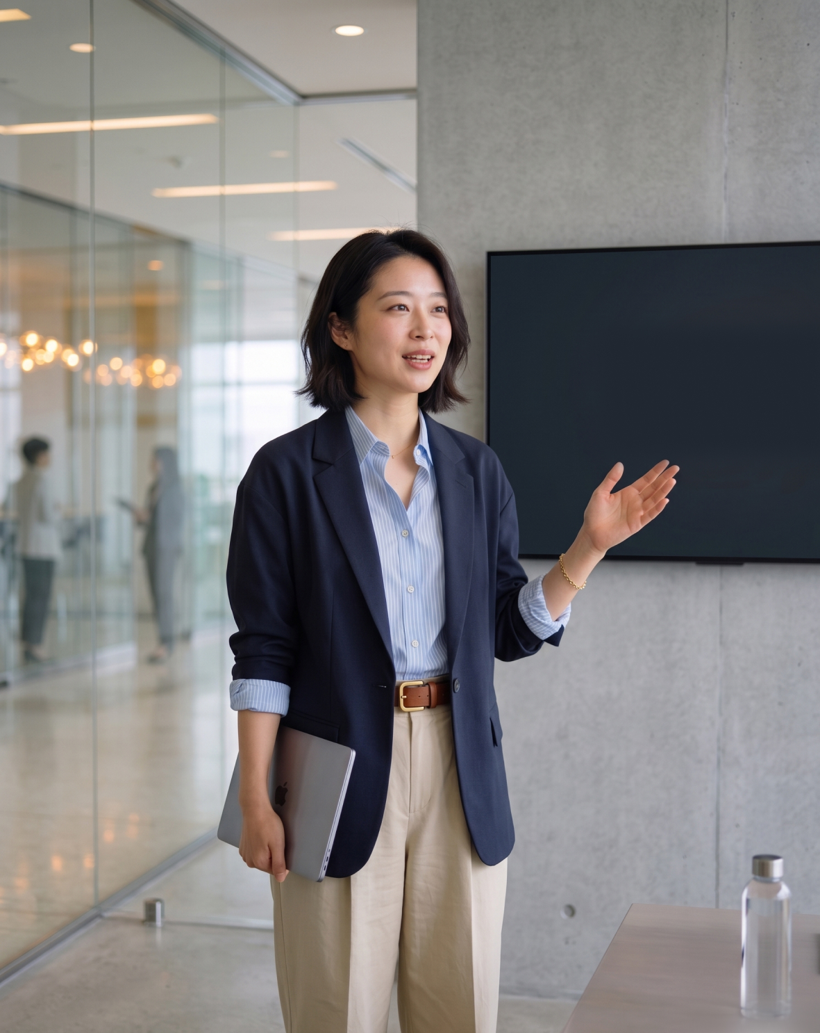 Businesswoman in a navy blazer holding a laptop and gesturing while speaking in a modern office with glass walls and a large monitor.
