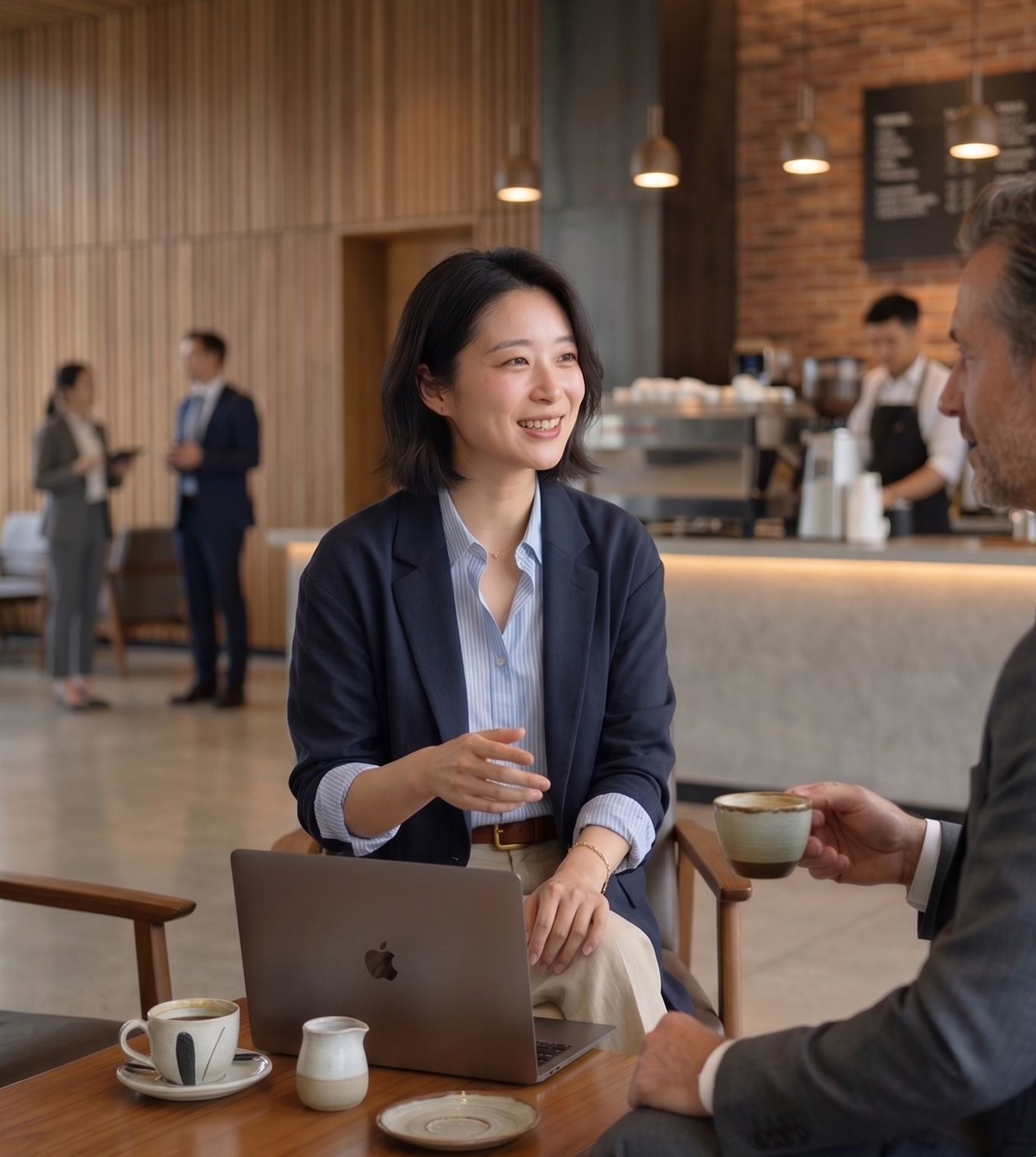 Smiling businesswoman in a blazer talking to a man holding a coffee cup in a modern cafe with a laptop on the table.