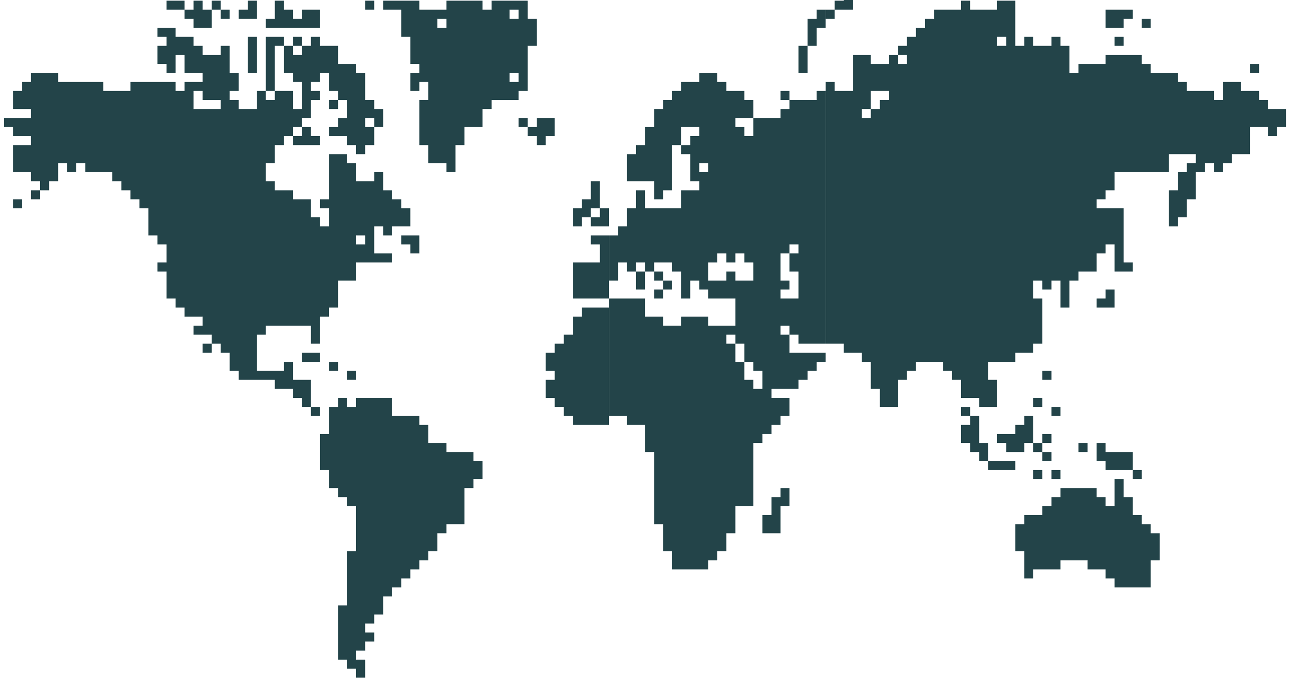 Simplified pixelated world map showing continents and major landmasses in dark teal on black background.