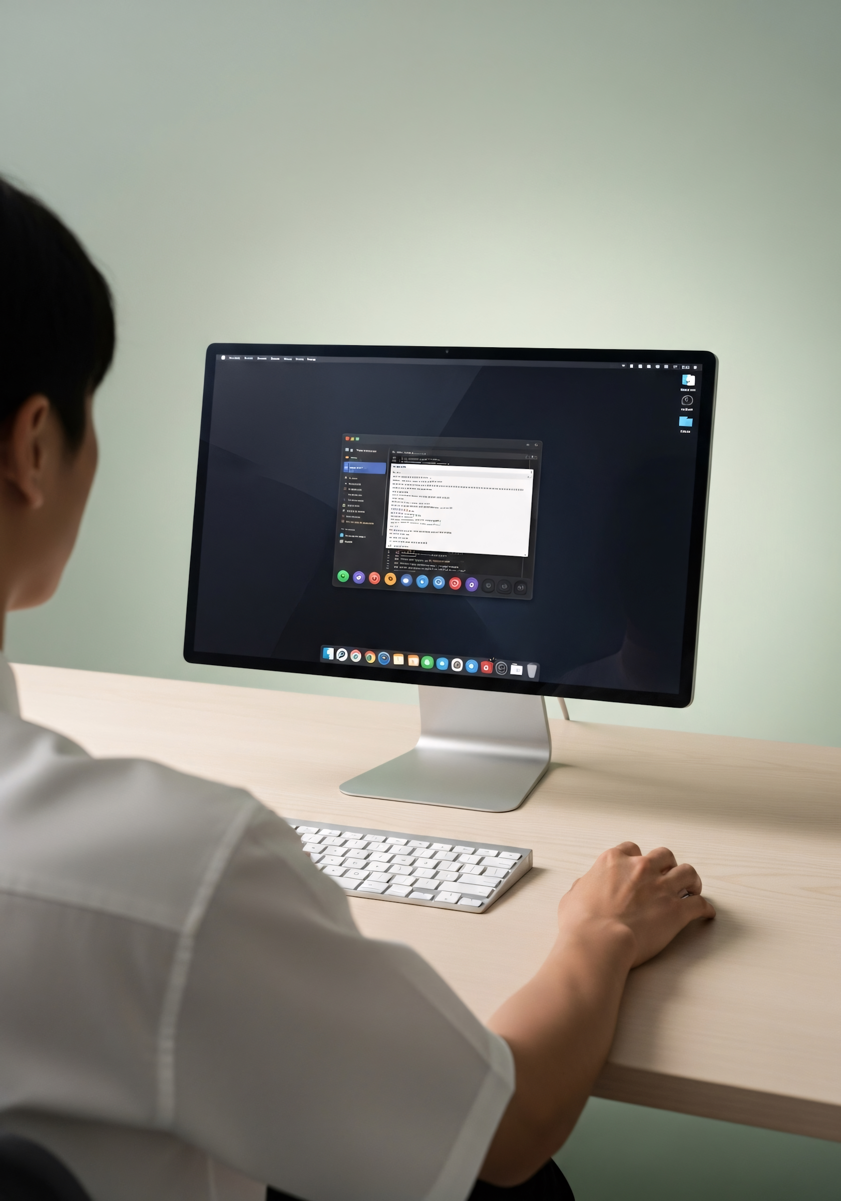 Person working on a desktop computer displaying a dark-themed interface with a code editor application open.
