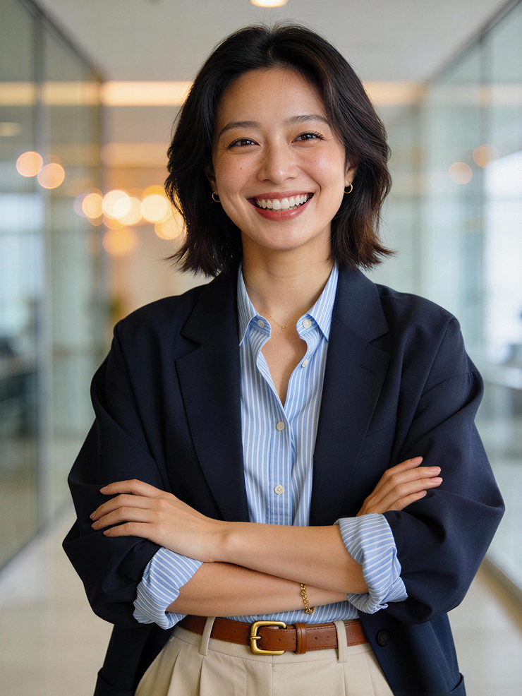Smiling woman with shoulder-length dark hair, wearing a blue striped shirt, dark blazer, and beige pants, standing with arms crossed in an office hallway.