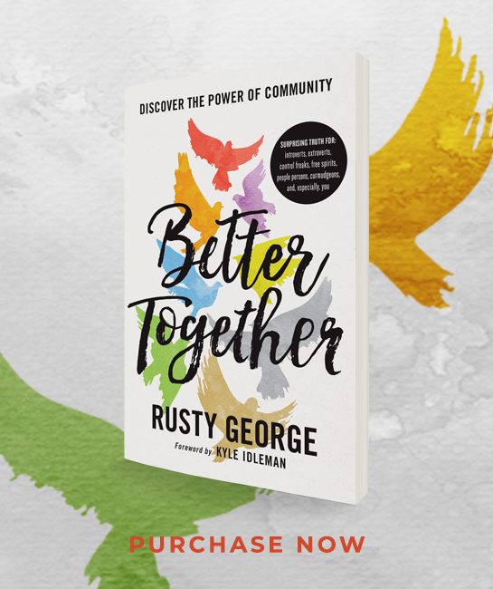 Book cover of Better Together by Rusty George with colorful birds and text urging to purchase now.