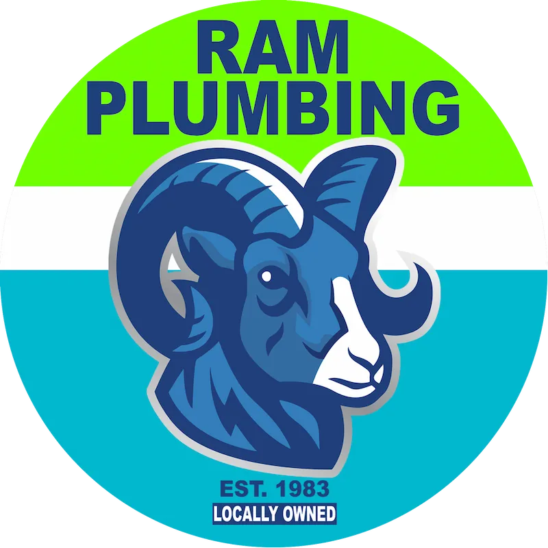 Blue ram head logo with text 'RAM PLUMBING', 'EST. 1983', and 'LOCALLY OWNED' on green, white, and blue circle.
