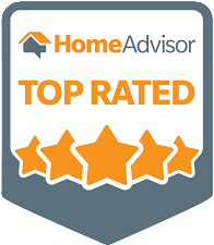HomeAdvisor Top Rated badge with four and a half orange stars inside a gray shield.
