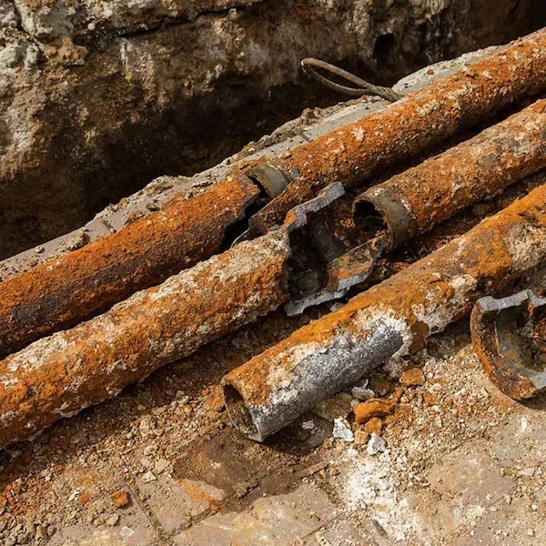 Close-up of broken rusty metal pipes lying on dirt and debris at a construction or repair site.