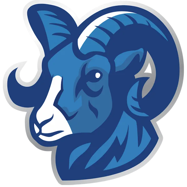 Blue stylized ram head with curled horns and white accents in a bold graphic style.