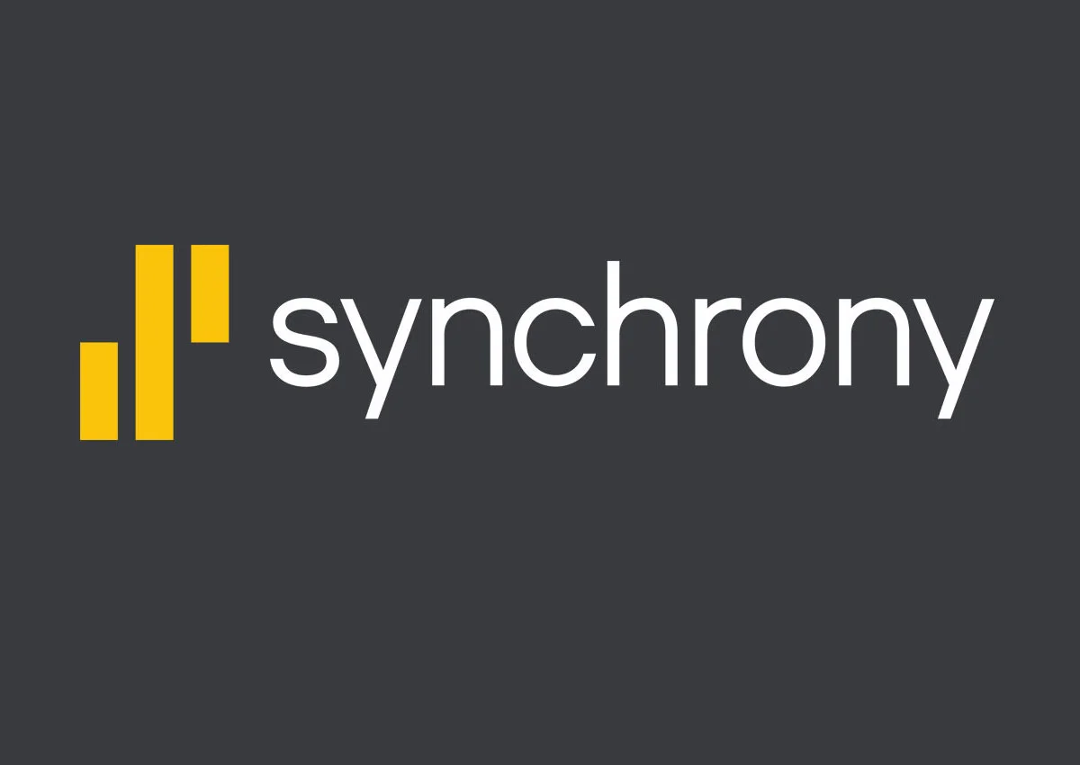 Synchrony logo with yellow bars icon and white text on dark gray background.