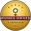 Gold medallion with female symbol and text Women Owned & Operated.