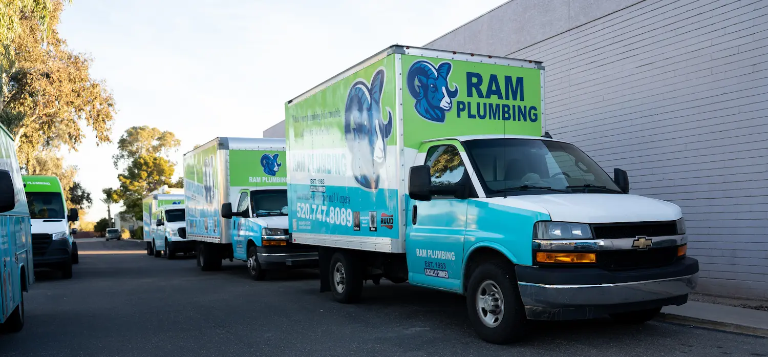 Blue and green Ram Plumbing trucks parked in a row alongside a building under a clear sky.