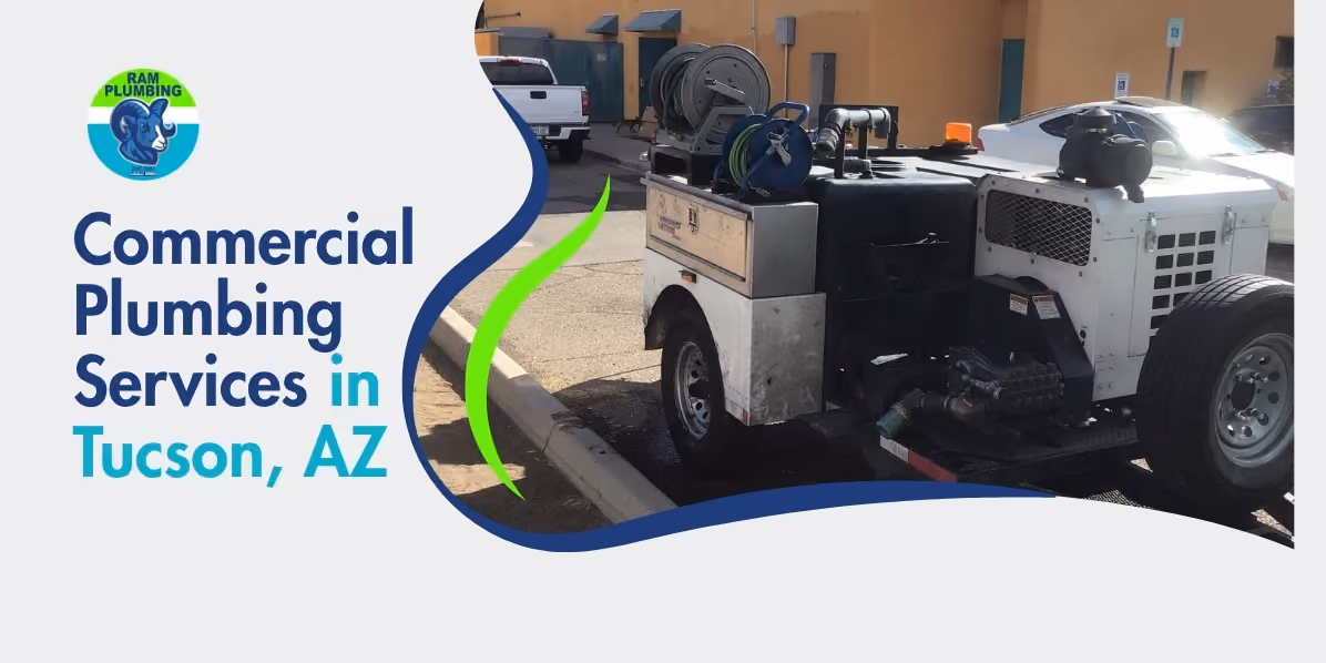 Commercial plumbing services in Tucson AZ - RAM Plumbing professional equipment and service trucks at commercial property
